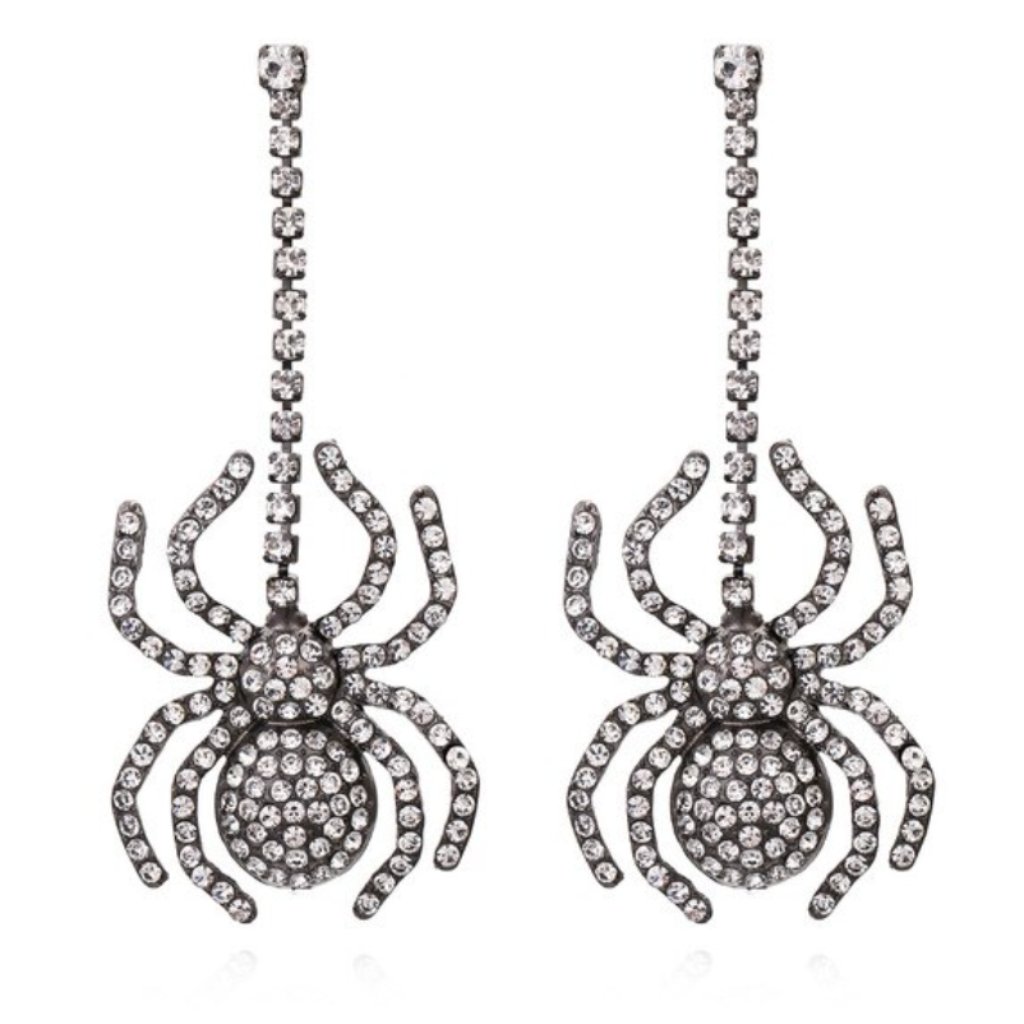 Spider Bling Rhinestone Spider Earrings Set In Silver Tone Metal 24$